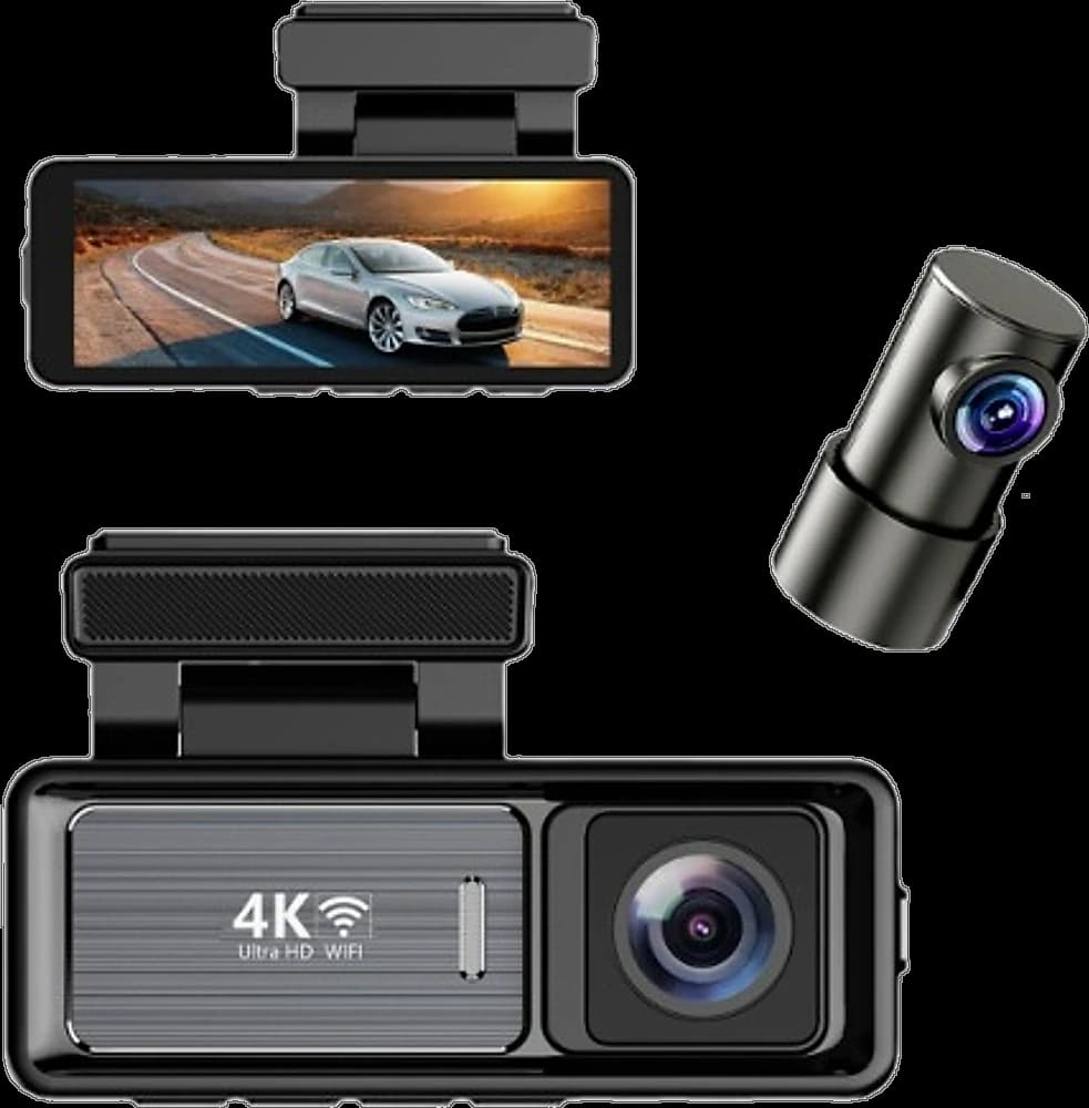 DashCam 4K Ultra HD avec son écran, son objectif principal et sa caméra arrière